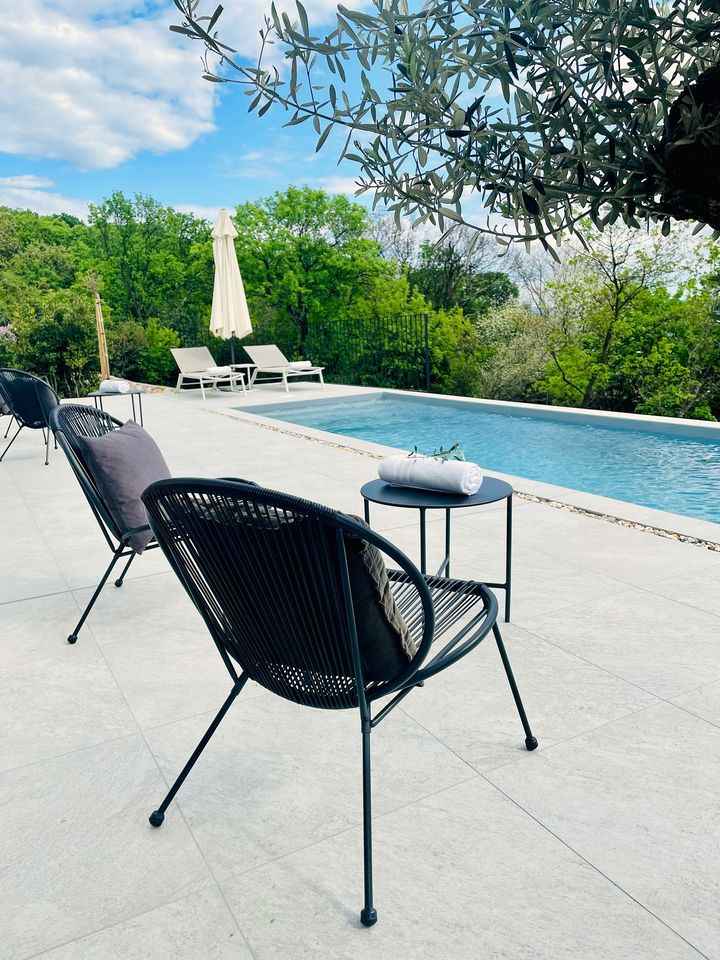 pool framed by olive branch and loungers