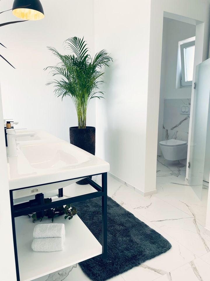 spacious marble bathroom with palm and rug